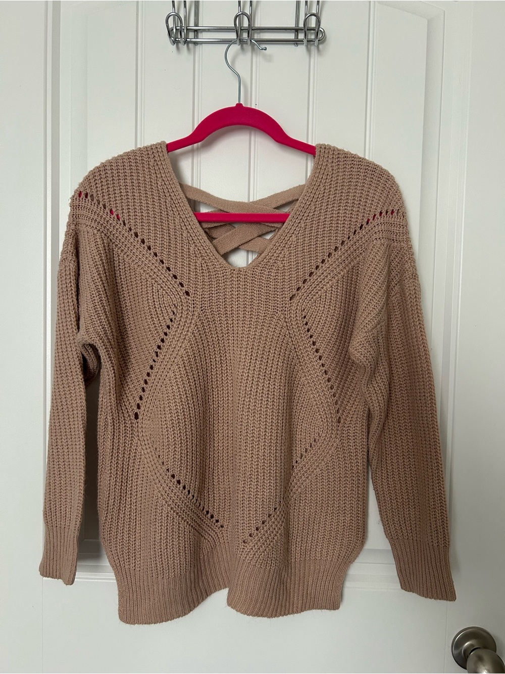 Charlotte Russe Taupe V-Neck Open Stitch Sweater with Back Strap